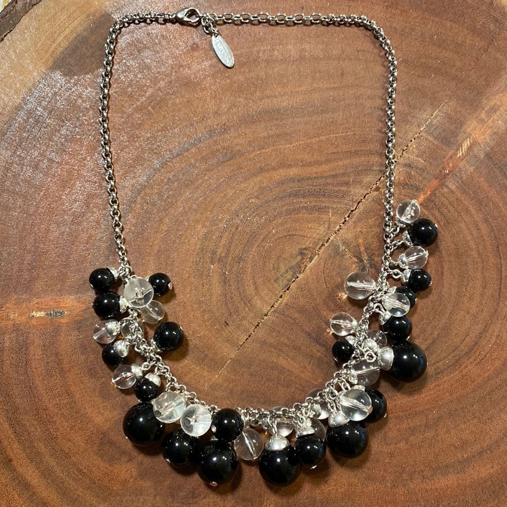 TALBOTS black, silver, and clear beaded‎ statement collar necklace